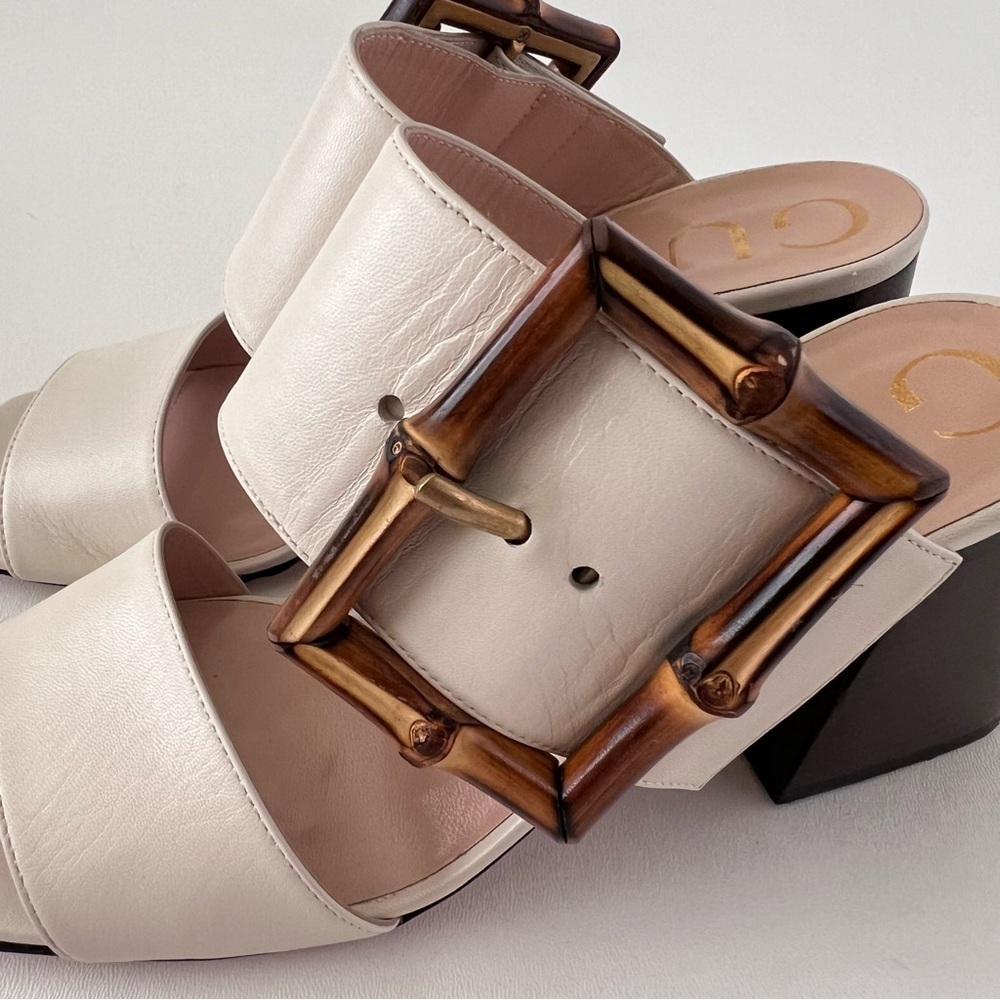 GUCCI || Bamboo Buckle Mule Sandals White Leather Block Heel EU 37 - Picture 9 of 16